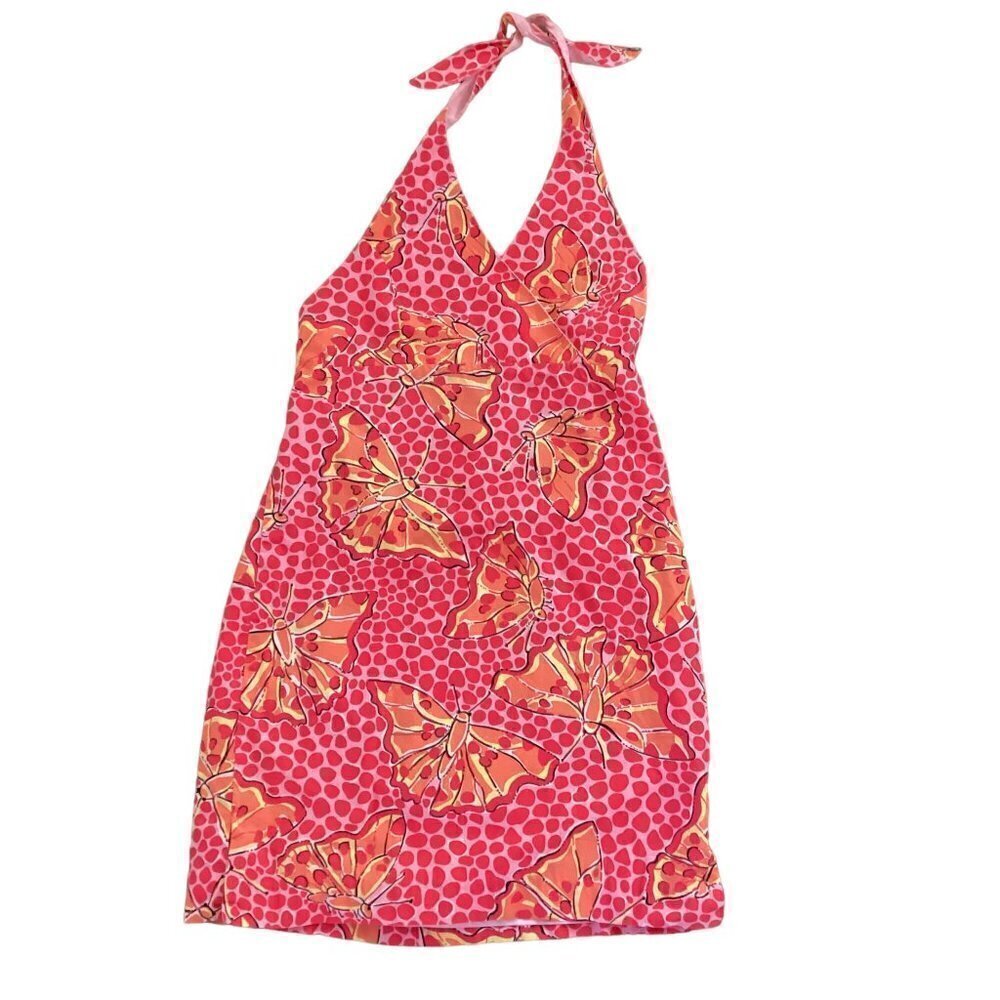 LILLY PULITZER Cha Cha Butterfly Halter Dress Girls Sz 16 Pink Orange #112N - Picture 2 of 7